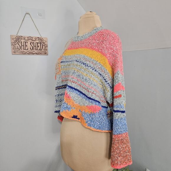 Sincerely Jules Sweater Colorful Boho Chunky Knit Cropped Womens Medium Oversize - Picture 4 of 14